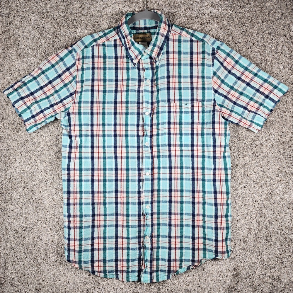 Scandia Woods Button Down Men M Plaid Seersucker Short Sleeve Cotton Pocket EUC